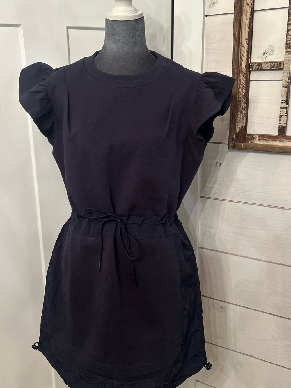 Umgee Blue Ruffle Sleeve Drawstring Waist Mini Dress